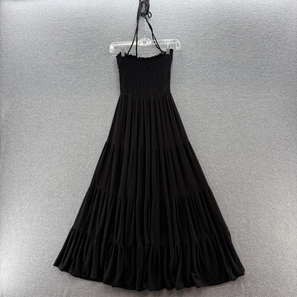FOXBLOOD Dress Small Black Jersey Halter Smocked Tiered Flowy Goth Maxi